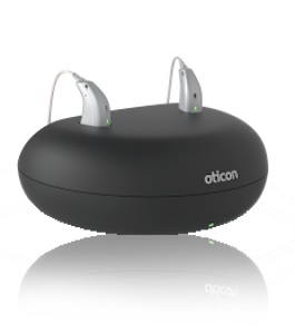 Oticon rechargeable hearing aids pictured on charger
